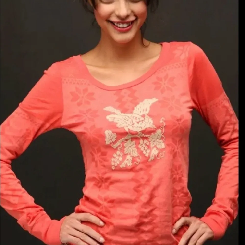 Free People Y2K 2 Tone Orange Long Sleeve Aztec Bird Shirt Sz L Southwest Boho